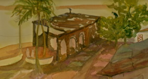 Linda Denis, Old Stable on beach, watercolour on Arches, 2014