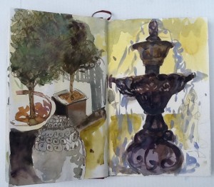 adjacent to Cuckoo Trattoria, Coombs,bc, 2014 watercolour and ink in Venezia Fabriano sketchbook