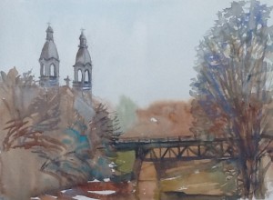 Looking towards the Church, Rigaud, watercolour, 2015